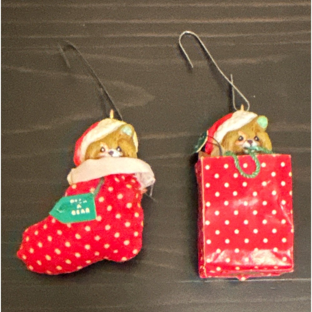 2pc Peek A Bear Christmas Hanging Ornaments Red Polka Dot Stocking Bag 1986